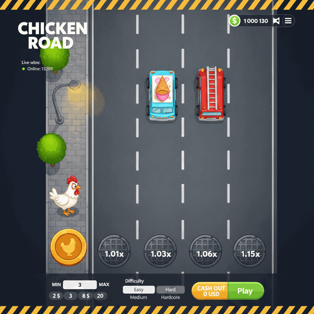 Chicken Road crash game by InOut showing a cartoon chicken character preparing to cross a multi-lane motorway with rising multiplier values on manhole covers, cars approaching on different lanes, and urban scenery including street lamps and trees on the starting sidewalk